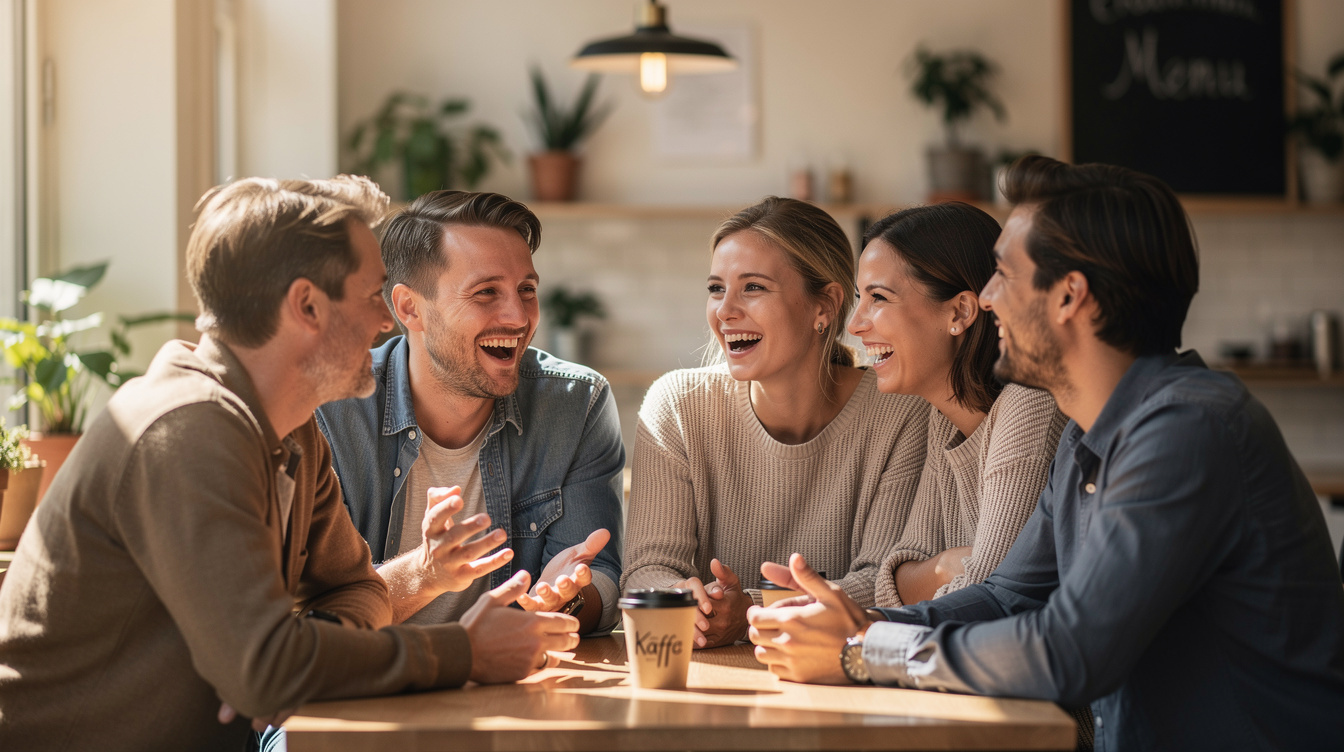 Group of Danish people having a warm discussion in a cozy café