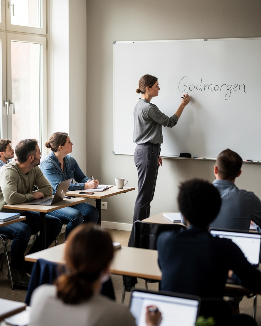 Instructor writing on a whiteboard during a language class