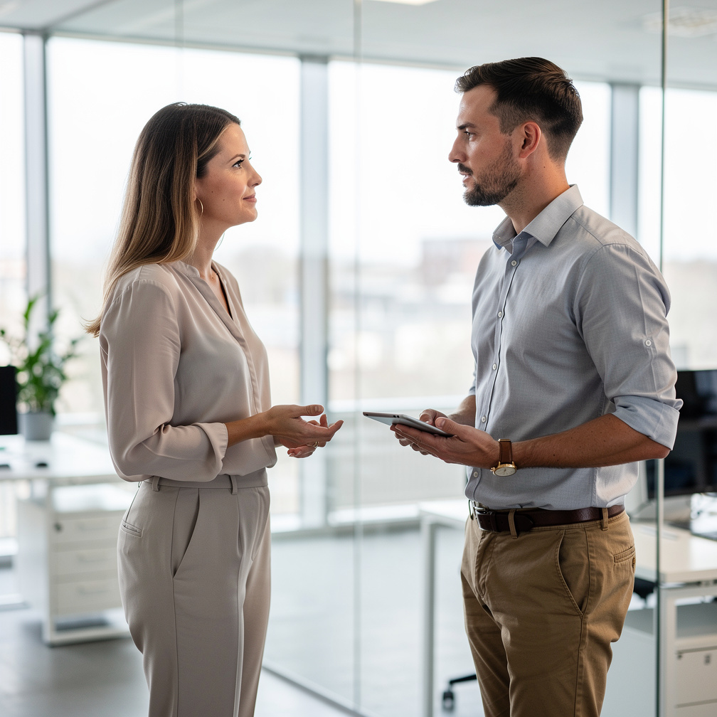 Colleagues having an attentive conversation in an office setting